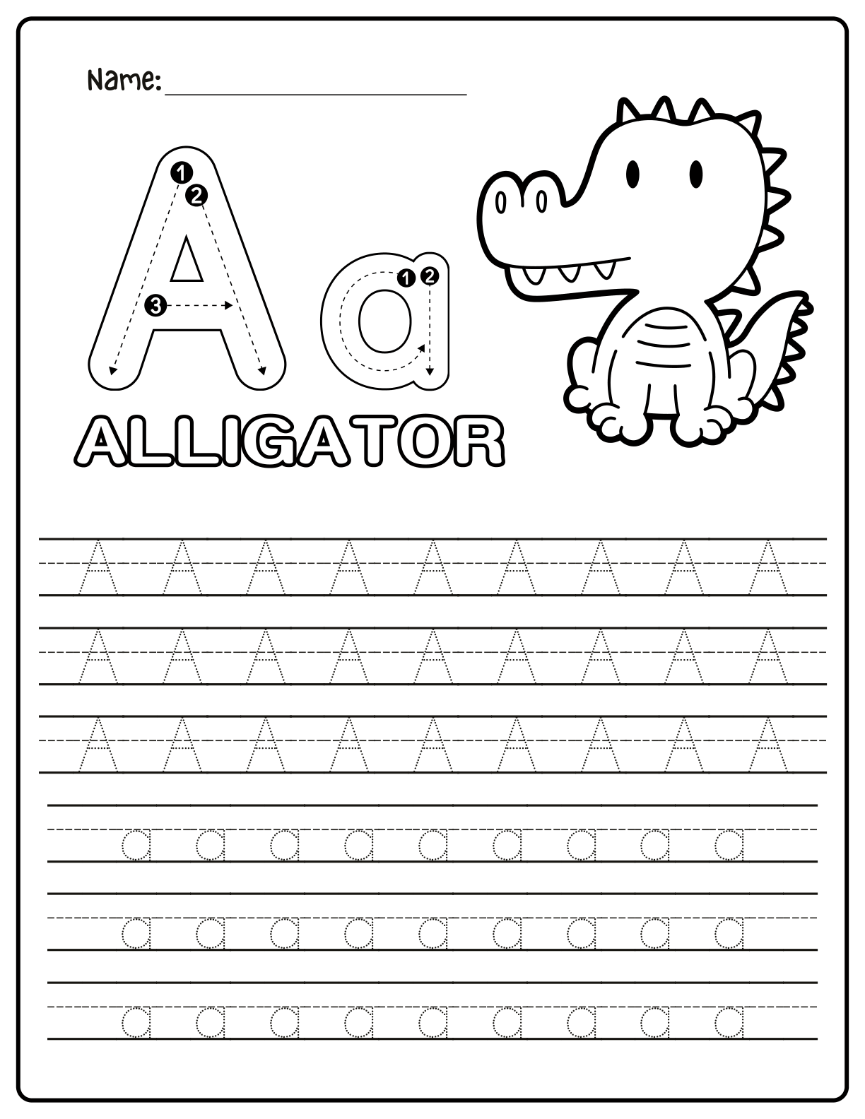 ALLIGATOR animal letter A stroke guide and tracing worksheet