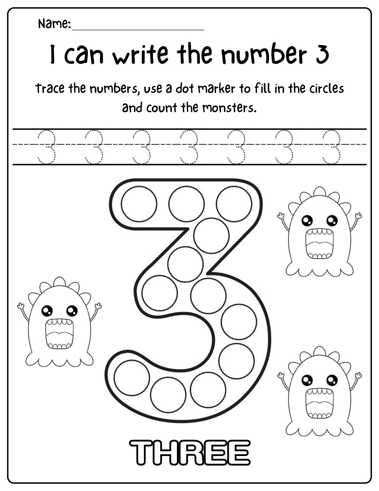I can write the number 3 monster math worksheet