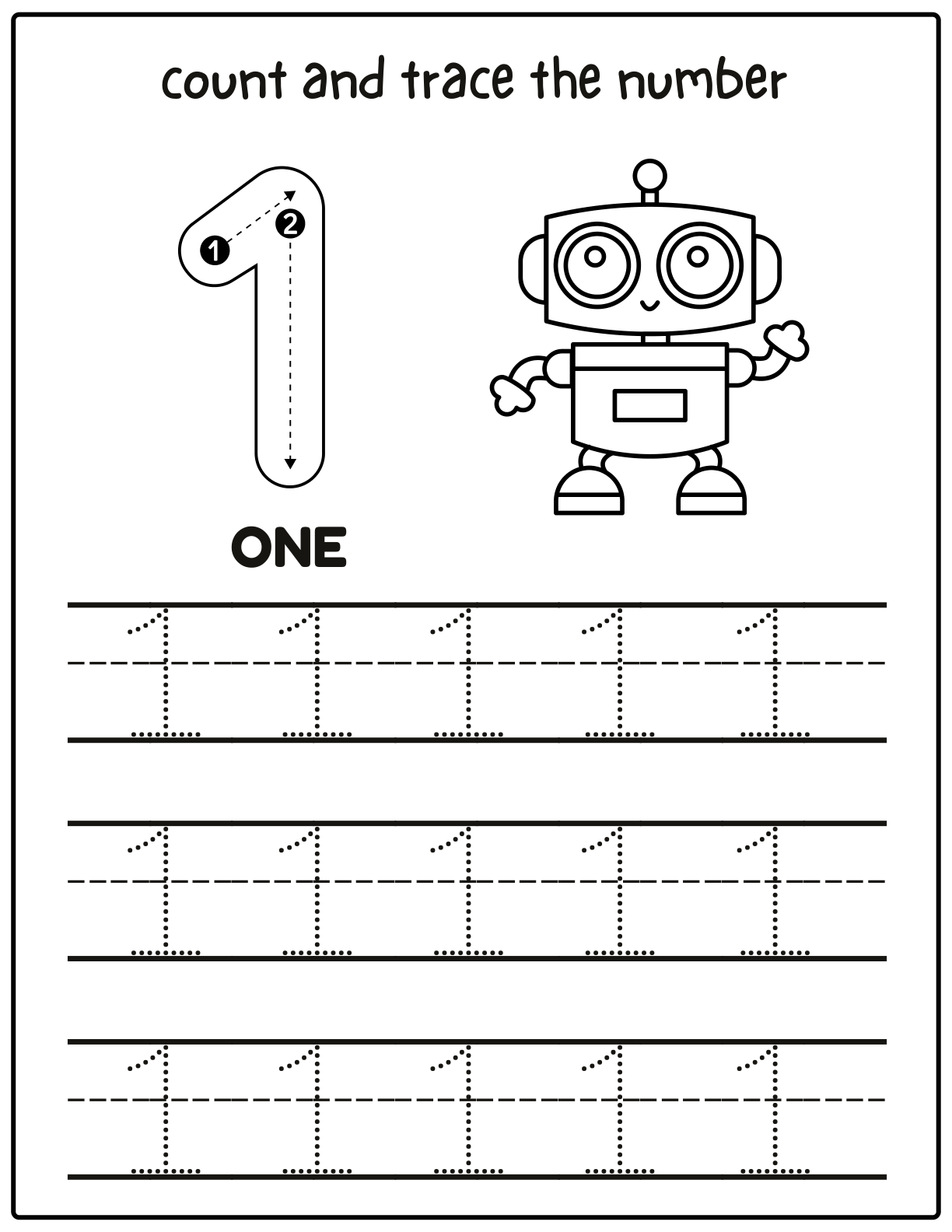 Count and trace the number 1 robot worksheet