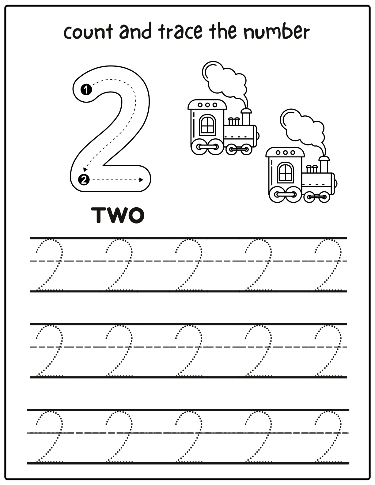 Count and trace the number 2 steam trains worksheet